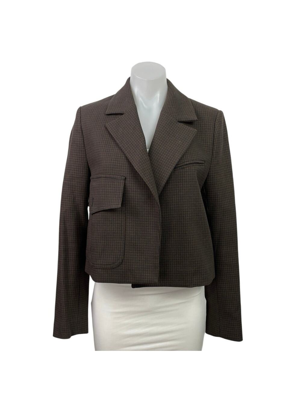 Zara Brown Gingham Plaid Cropped Tailored Notch Pocket Blazer Coat Jacket Sz XS